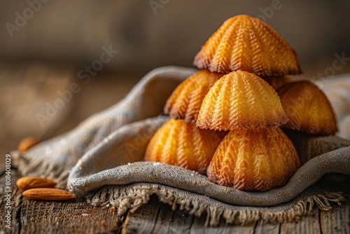 golden brown madeleine cookies on rustic wooden background traditional french shellshaped cakes food photography photo