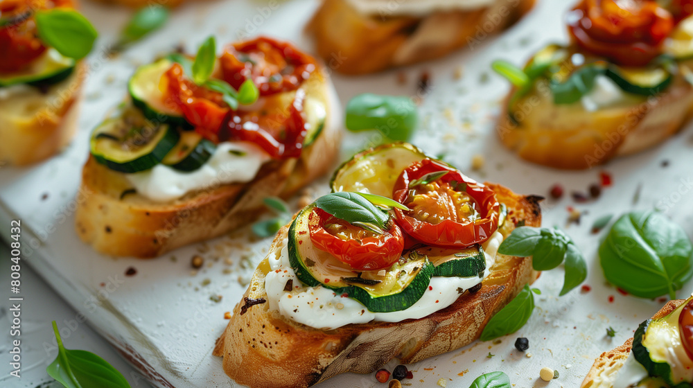 Gourmet Bruschetta with Ricotta, Roasted Tomatoes, and Basil on a White Tray