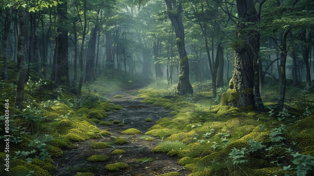 Obraz premium Craft a stunning visual of a moss-covered forest path from an eye-level angle