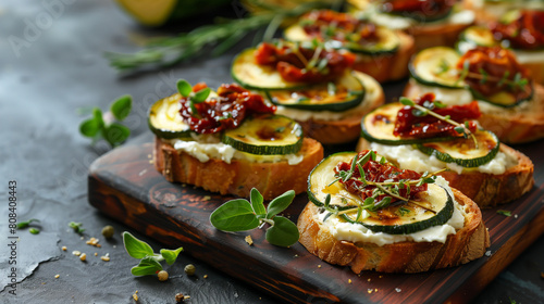 Gourmet Toasts with Ricotta, Zucchini, and Sun-Dried Tomatoes on Wooden Board