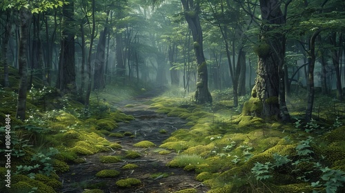 Craft a stunning visual of a moss-covered forest path from an eye-level angle