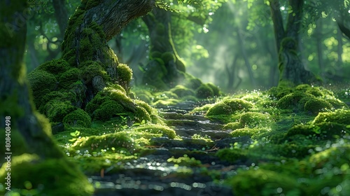 Craft a stunning visual of a moss-covered forest path from an eye-level angle