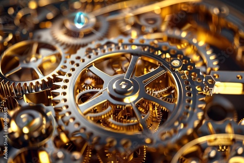 intricate clockwork mechanism with golden gears and sparkling jewels 3d illustration