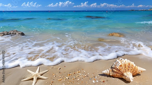 A clear day at a sandy beach with a large seashell and starfish near gentle waves under a blue sky