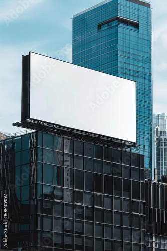 Minimalist billboard mockup perched atop a modern building, with a matte black frame and a backdrop of skyscrapers, ideal for corporate or technology themed adverts
