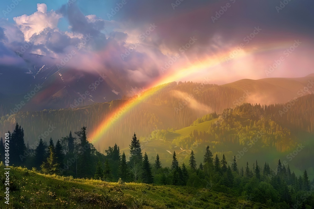 majestic rainbow arching over misty mountains natures breathtaking display of colors landscape photography