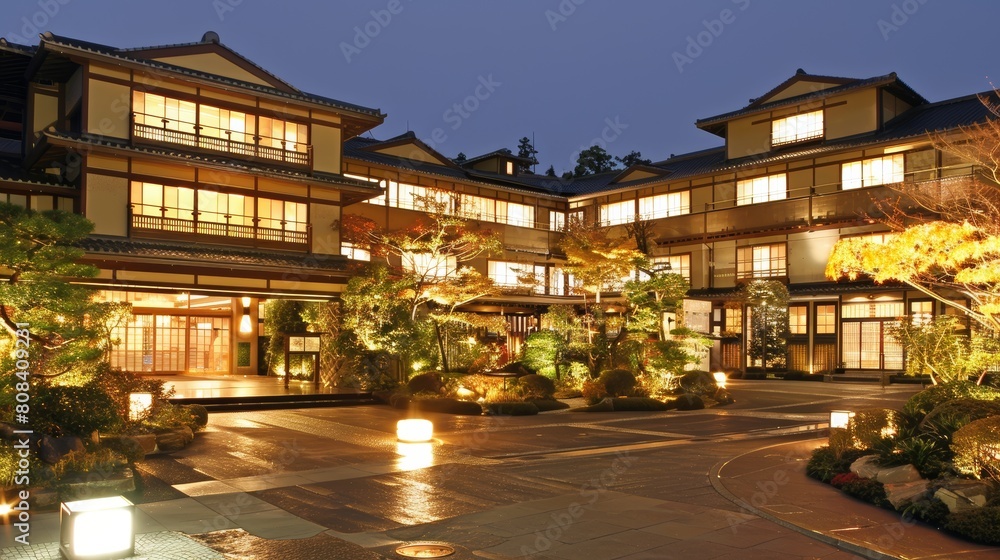Illuminated traditional Japanese inn with landscaped gardens captured during twilight showcases architectural beauty and tranquility