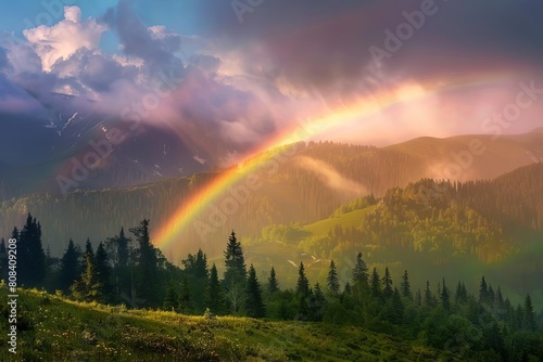 majestic rainbow arching over misty mountains natures breathtaking display of colors landscape photography