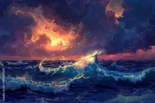 majestic sea landscape with roaring waves and towering shining presences dramatic stormy weather illustration © furyon