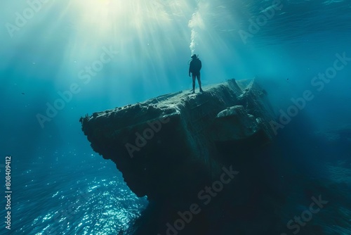 man standing on submerged rock in underwater shipwreck scuba diving adventure photo