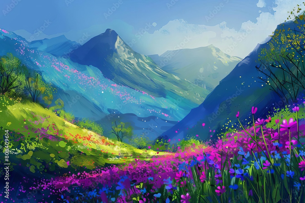 miraculous spring landscape lush green panorama vibrant colors digital nature painting