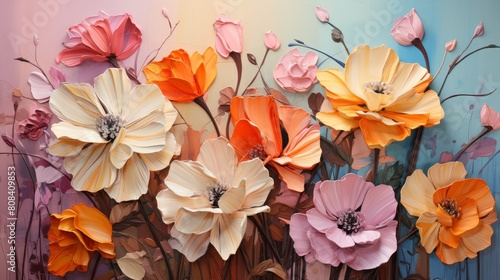 Captivating digital display of 3d flowers in pastel hues  showcasing an array of blooming roses  tulips  and poppies with a vivid  artistic background evoking a serene  fantastical garden