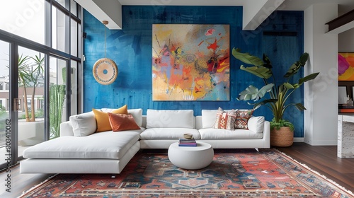 A bright, airy living room with a modern sectional sofa, a vintage rug, and an abstract mural on the blue stucco wall, adding depth to the loft's design.