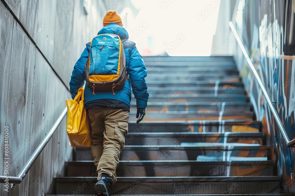 delivery worker ascending stairs with backpack playing vital role in efficient goods transportation photo illustration delivery worker ascending stairs with backpack playing vital role in efficient goods transportation photo illustration