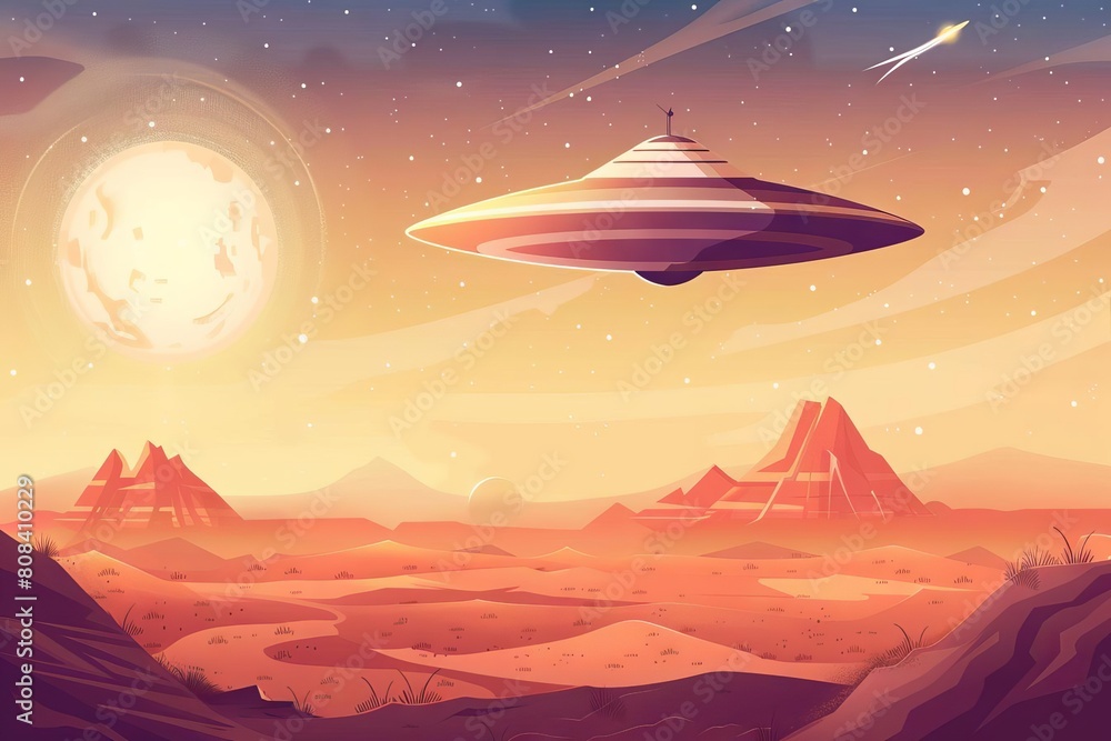 desert with ufo alien spaceship landscape illustration desert with ufo alien spaceship landscape illustration