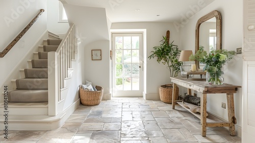 A bright, coastal-style entrance hall with natural stone tiles, a reclaimed wooden table, and a driftwood-framed mirror.