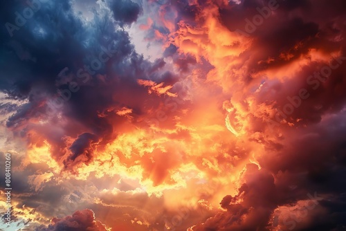 dramatic cloudy sunset sky fiery orange hues painting heavens landscape photography © furyon