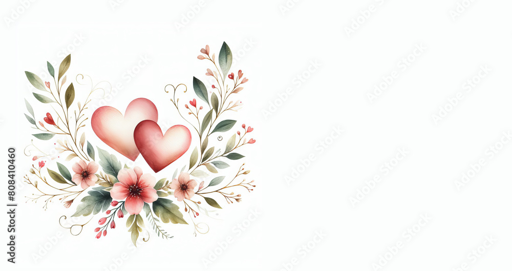 A couple of floral design hearts isolated on a white background - Watercolor illustration of two hearts together in a romanticism concept