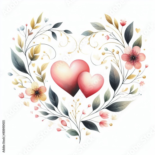 A couple of floral design hearts isolated on a white background - Watercolor illustration of two hearts together in a romanticism concept