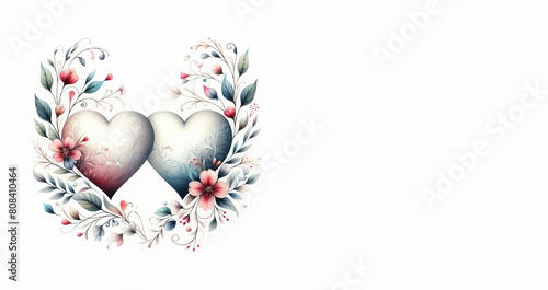 A couple of floral design hearts isolated on a white background - Watercolor illustration of two hearts together in a romanticism concept