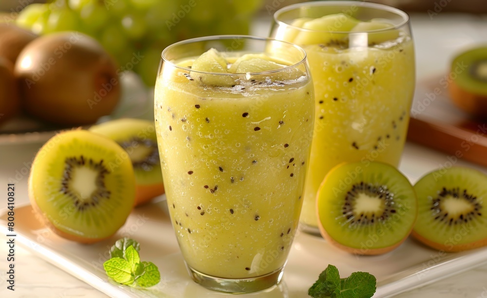 Fresh Kiwi Smoothie with Sliced Kiwi Garnish on a Wooden Table Fresh Kiwi Smoothie with Sliced Kiwi Garnish on a Wooden Table