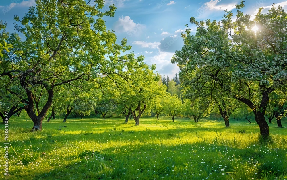Old apple orchard on green lawn in sunny day. Image of a charming view of trees in a garden. Agricultural region of Ukraine, Europe. very beautiful scenery