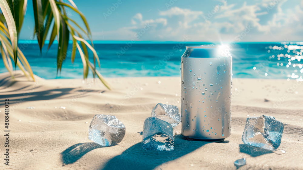 Cold Drink Can on Sandy Beach with Tropical Details Cold Drink Can on Sandy Beach with Tropical Details