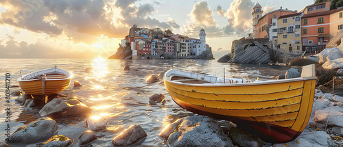 Picturesque Ligurian Coastline at Sunset, Colorful Houses of Riomaggiore, Italy, Classic Mediterranean Charm photo