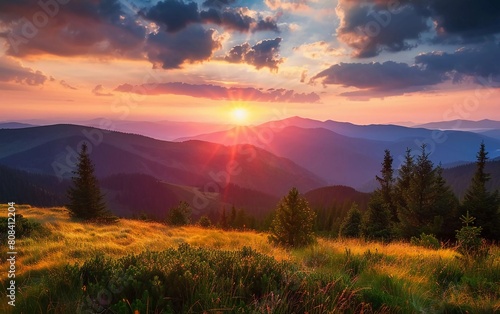 Majestic sunset in mountain landscape. Carpathians, Ukraine, Europe. very beautiful scenery © Harjo