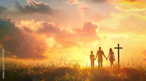 Silhouette of family walking towards a Cross in the sunset