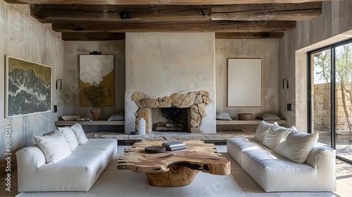 A contemporary villa interior featuring a live edge wooden coffee table between two low-profile white sofas  a stone fireplace  and abstract artwork above the mantle.