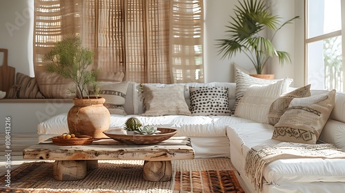 A cozy modern living room with a rustic coffee table near a white sofa, accessorized with tribal-patterned cushions and a clay vase holding succulents. photo