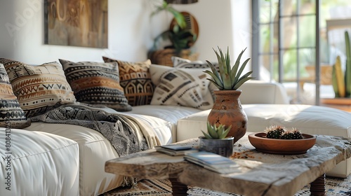 A cozy modern living room with a rustic coffee table near a white sofa  accessorized with tribal-patterned cushions and a clay vase holding succulents.