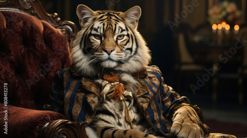 sophisticated tiger in a velvet smoking jacket  adorned with gold embroidery