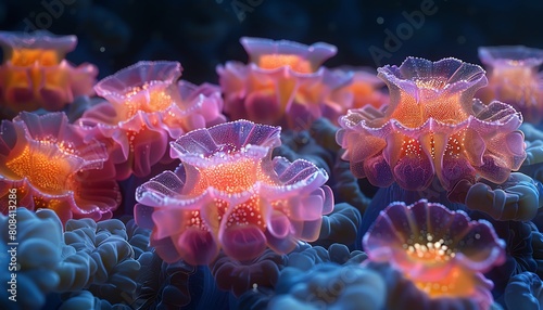 Capture the high-angle view of an underwater culinary masterpiece, featuring vibrant coral-shaped desserts illuminated with bioluminescent glows using digital rendering techniques
