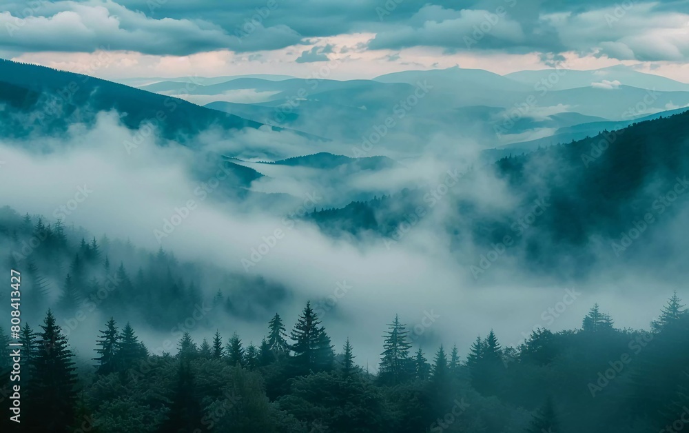 Majestic view of beautiful mist mountains in mist landscape. Unusual dramatic scene. very impressive view