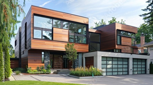 Architectural exterior of modern houses with unique wood paneling