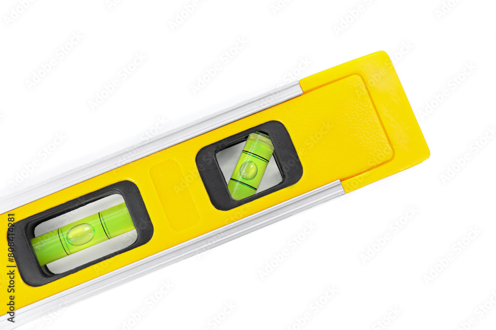 Yellow building level isolated on white, top view. Construction tool Yellow building level isolated on white, top view. Construction tool