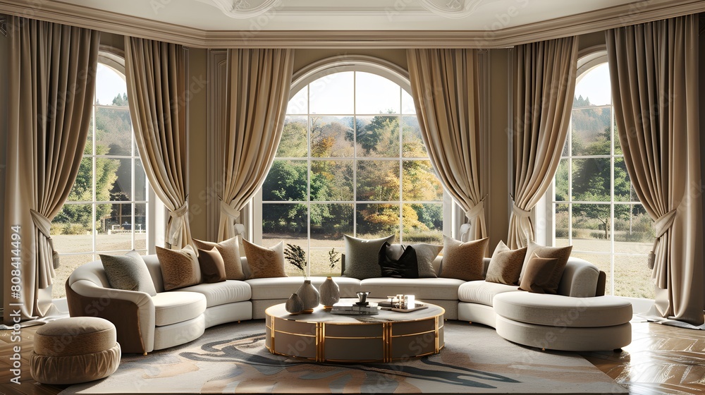 A curved sofa set arranged in a luxury room with elegant pastel drapes and an idyllic pastoral scene visible through large windows.