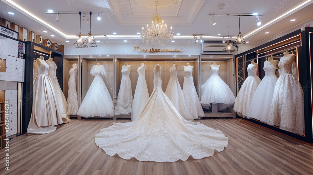 A store with a large display of wedding dresses