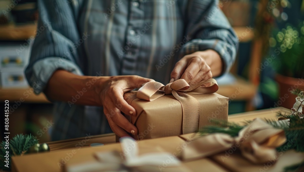 Fototapeta premium A captivating close-up of a small business owner's hands carefully tying a ribbon around a package, adding a final touch of elegance and sophistication before it's sent off to its recipient.
