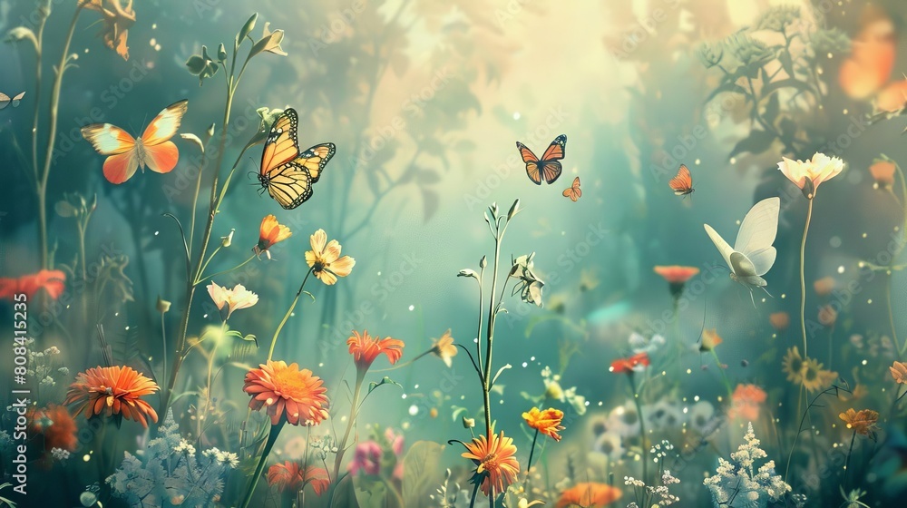 Butterflies and flowers against a backdrop of a whimsical forest Butterflies and flowers against a backdrop of a whimsical forest