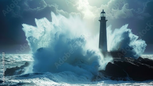 Giant water wave crashing into rock with lighthouse © Media Srock