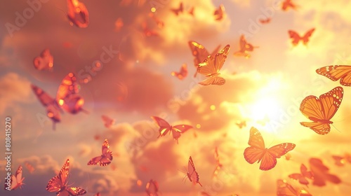 Butterflies ascending towards the sky in a peaceful sunset