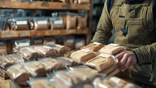 A close-up shot of a small business owner carefully inspecting each product before packaging, ensuring that only the highest quality items are sent to customers. photo