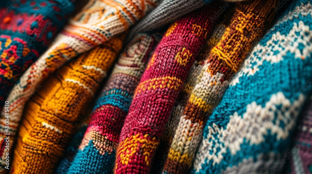 Detailed close-up of hand-knit sweaters in a kaleidoscope of colors, each stitch illuminated by a soft, natural light filtering through Detailed close-up of hand-knit sweaters in a kaleidoscope of colors, each stitch illuminated by a soft, natural light filtering through