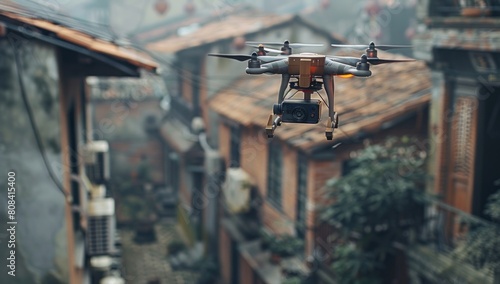 A dynamic shot of a delivery drone hovering above a small business rooftop, illustrating innovative and cutting-edge approaches to shipping and logistics.