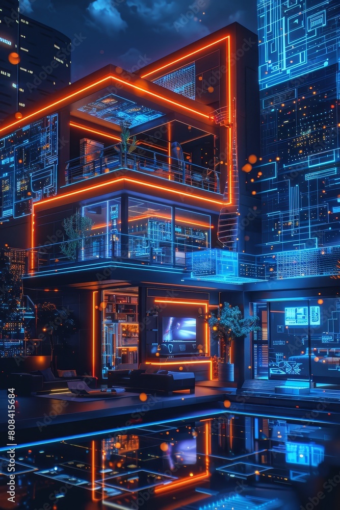 Technology Concept: Futuristic smart home with neon lighting and digital overlay Technology Concept: Futuristic smart home with neon lighting and digital overlay