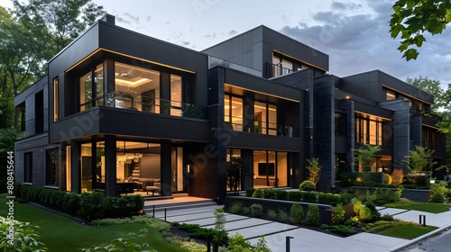 A group of contemporary black townhouses featuring cantilevered upper floors, floor-to-ceiling windows, and a sleek concrete pathway leading up to the entrances. © Love Mohammad