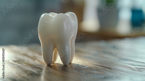 Dental care concept with a close-up on a pristine tooth model  educational setting  emphasizing preventative care  raw style